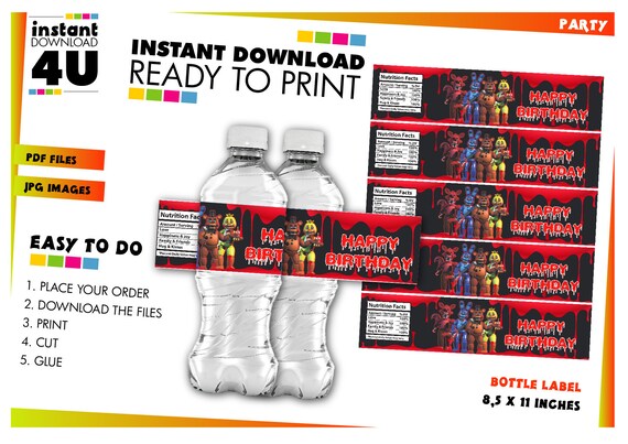 Five Nights at Freddy's FNAF Printable Water Bottle Labels Instant