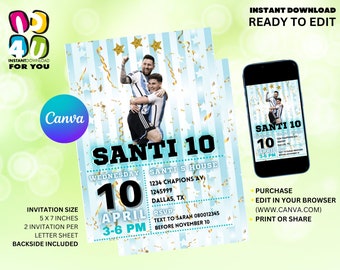Invitación editable para fiesta de cumpleaños de Messi y Julián de Argentina, invitación editable para la Copa del Mundo de Argentina, invitación editable de Canva