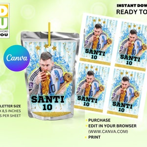 Lio Messi Argentina Juice Pouch Editable, Argentina Editable Juice Pouch, Messi Editable Capri Sun