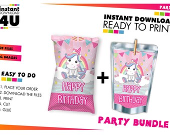 May include: Printable party favor bags and juice boxes featuring a pink unicorn with a rainbow and the text "Happy Birthday".