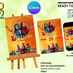 Op de afbeelding: Bewerkbare, afdrukbare uitnodiging en welkomstposter met personages uit de film Descendants. De uitnodiging is voor een verjaardagsfeestje voor Allison, met een gouden glitterachtergrond en de tekst "Allison wordt 7 jaar". De welkomstposter heeft een vergelijkbaar ontwerp met de tekst "Allison wordt 7 jaar".