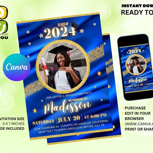 Grad Party Invite Blue Gold Editable, Class of 2024 Girl Grad Editable Invitation with pIcture