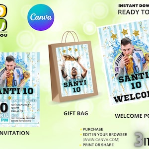 Argentina messi Party Favors Editable, Argentina party favors editable, Argentina Messi Invitation, Poster and Gift Bag