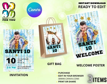 Argentina messi Party Favors Editable, Argentina party favors editable, Argentina Messi Invitation, Poster and Gift Bag