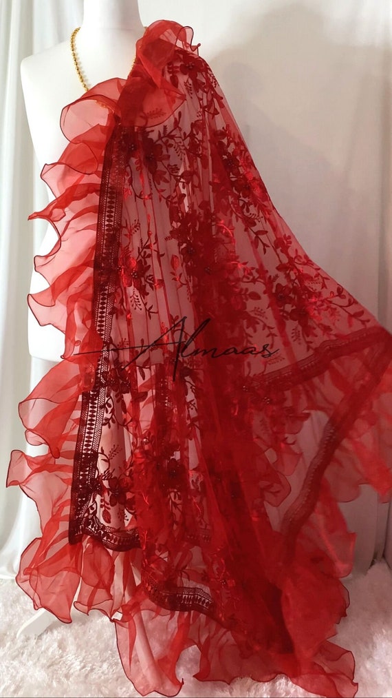 Fariya Dupatta in Red Embriodered Net Heavy Frilled Hem.  Etsy