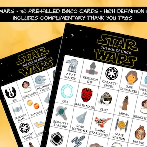 9 en 1 - Star Wars - 30 cartes de bingo préremplies + jeux + cartes de remerciement