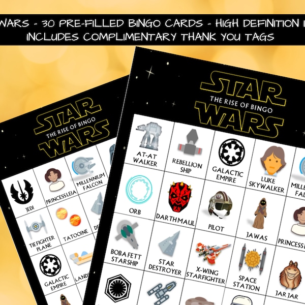 9 in 1 - Star Wars - 30 Prefilled Bingo Cards + Games + Thank you Cards