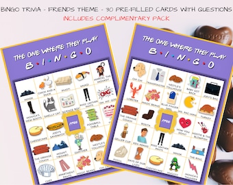 6 in 1 - Freunde - Bingo - Freunde Trivia - 55 Fragen - Pictionary - Guess who Spiel - Essenskarte - Danke-Tag und Schilder