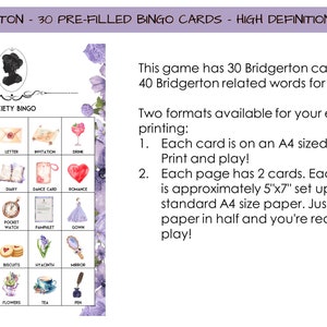 6 em 1 - Bridgerton - 30 cartelas de bingo pré-preenchidas + jogos GRATUITOS [imagens de alta qualidade]