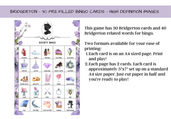 6 in 1 Bridgerton 30 Prefilled Bingo Cards Pictionary - Etsy