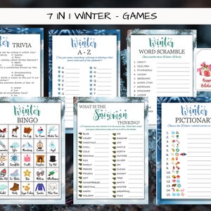 May include: Seven printable winter-themed game cards with blue and white snowflake designs. The games include trivia, a word scramble, a bingo card, a snowman thinking game, and a winter pictionary game.