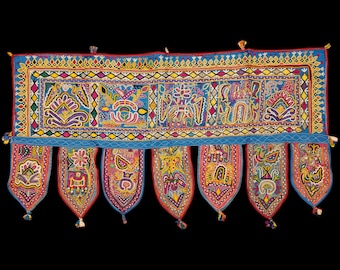 Handmade Mochi Bharat Toran | Embroidered Indian Door Hanging | Vintage Gujarati Valance with Mirror & Tassels