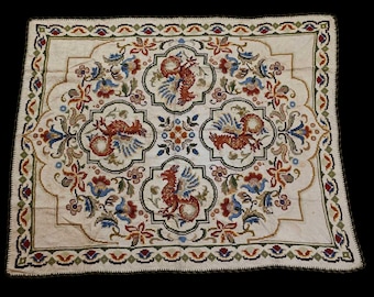 Vintage Chinese Cross-Stitch Tapestry: Hand-Embroidered Phoenix & Floral Wall Hanging