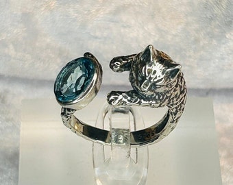 Silver Cat Ring With Blue Topaz Gemstone - 925 Silver - Adjustable - Supplied In Gift Box