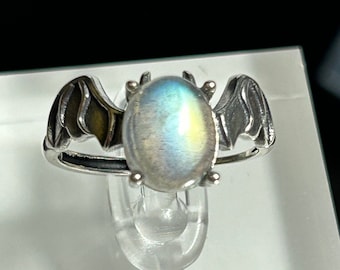 Labradorite Bat Ring: Adjustable 925 Sterling Silver Gemstone - Halloween Theme
