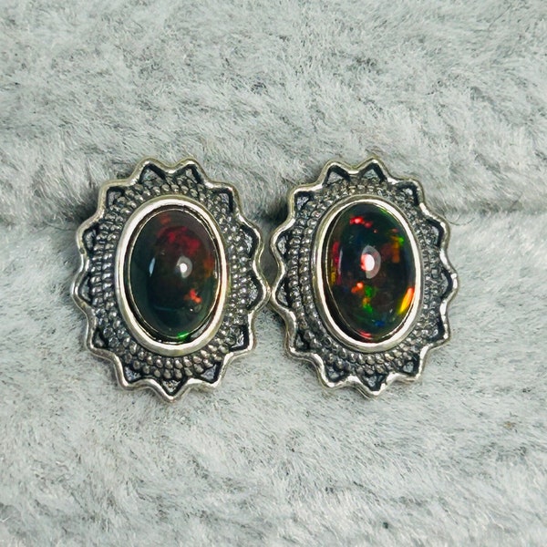 Black Opal Earrings - 925 Silver Opal Earrings - Silver Earrings With Black Opal - Opal Stud Earrings - Supplied In Gift Box