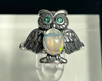 Owl Ring With Rainbow Boulder Opal Gemstone Design 925 Silver Ring - Adjustable - Supplied In Gift Box