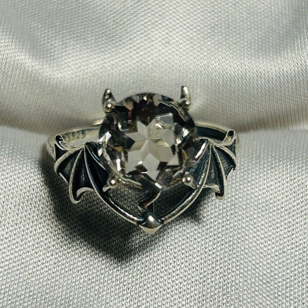 Bat Wing Ring With Smokey Quartz Gemstone - Adjustable - 925 Silver - Supplied In Gift Box