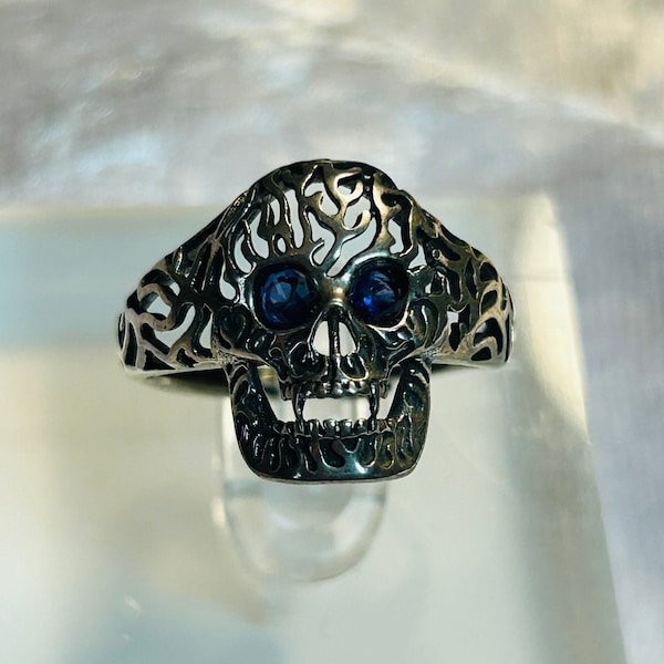 Skull Ring With Sapphire Gemstones - 925 Silver Skull Ring - Supplied In Gift Box - Silver Skull Ring - Goth Jewellery - Ornate Skull Ring
