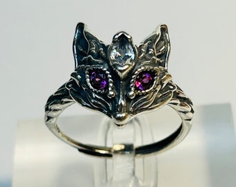 Fox Ring: 925 Silver, Pink Garnet Eyes, Adjustable Band