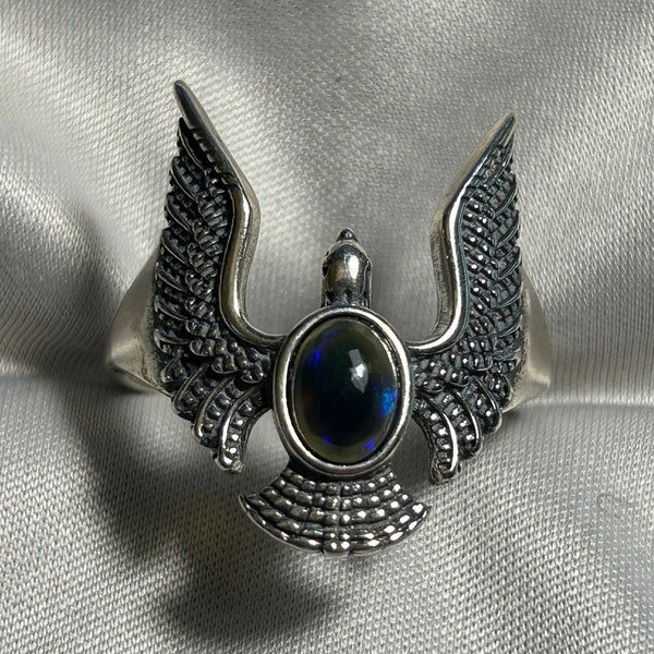 Black Opal Ring Eagle Design - Adjustable Ring - 925 Silver - Large Size - Supplied In Gift Box