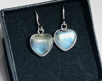 Pair Labradorite Heart Dropper Earrings - 925 Silver Wires - Giftboxed
