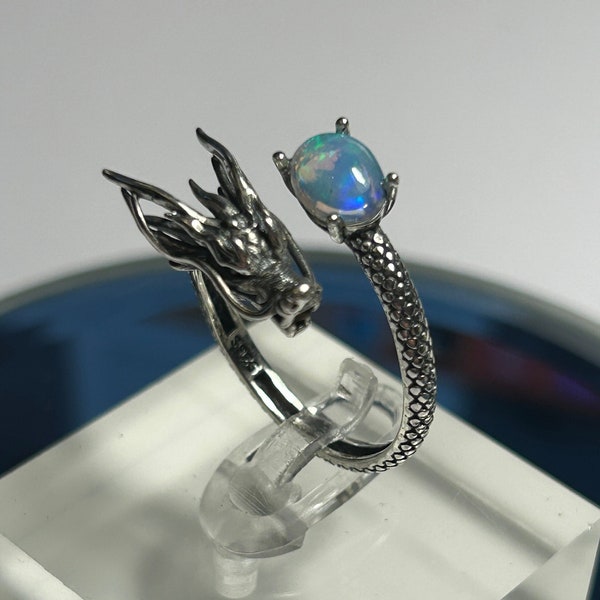 Dragon Ring With Rainbow Opal Gemstone - 925 Silver - Adjustable - Supplied In Gift Box