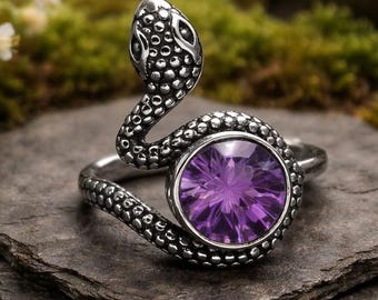 Snake Ring With Amethyst in 925 Sterling Silver & Adjustable Band