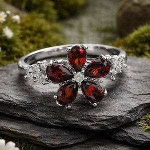 Bague tournante en argent sterling 925 avec fleur en grenat rouge - Bijou ajustable Motion Fidget Bypass
