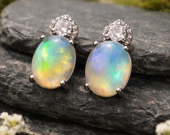 Opal Earrings with CZ Accents in 925 Sterling Silver