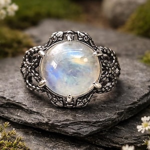 Anello a forma di serpente con pietra di luna arcobaleno in argento sterling 925 - Gioielli gotici regolabili a forma di serpente