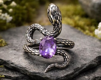 Snake Ring With Amethyst in 925 Sterling Silver - Adjustable Gothic Serpent Ring