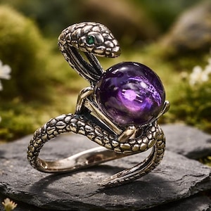 Snake Ring with Amethyst in 925 Sterling Silver & Adjustable Band