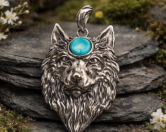 Turquoise Wolf Head Pendant in 925 Sterling Silver - Shaman Jewellery