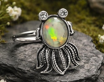 Sierlijke visring met opaal en zirkonia in 925 sterling zilver - Verstelbare gothic sieraden