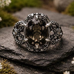 Schlangenring mit facettiertem Rauchquarz in 925er Sterlingsilber – Verstellbarer gotischer Schlangenring