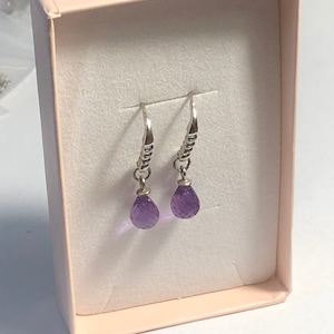 Pair Faceted Amethyst & CZ Dropper Earrings On 925 Silver Wires - Giftboxed