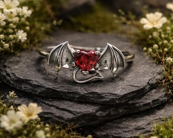 925 Sterling Silver Bat Ring with Garnet - Adjustable Gothic Jewellery with Gift Box