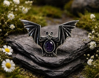Bat Ring With Amethyst Gemstone - 925 Silver Ring - Adjustable - Supplied In Gift Box