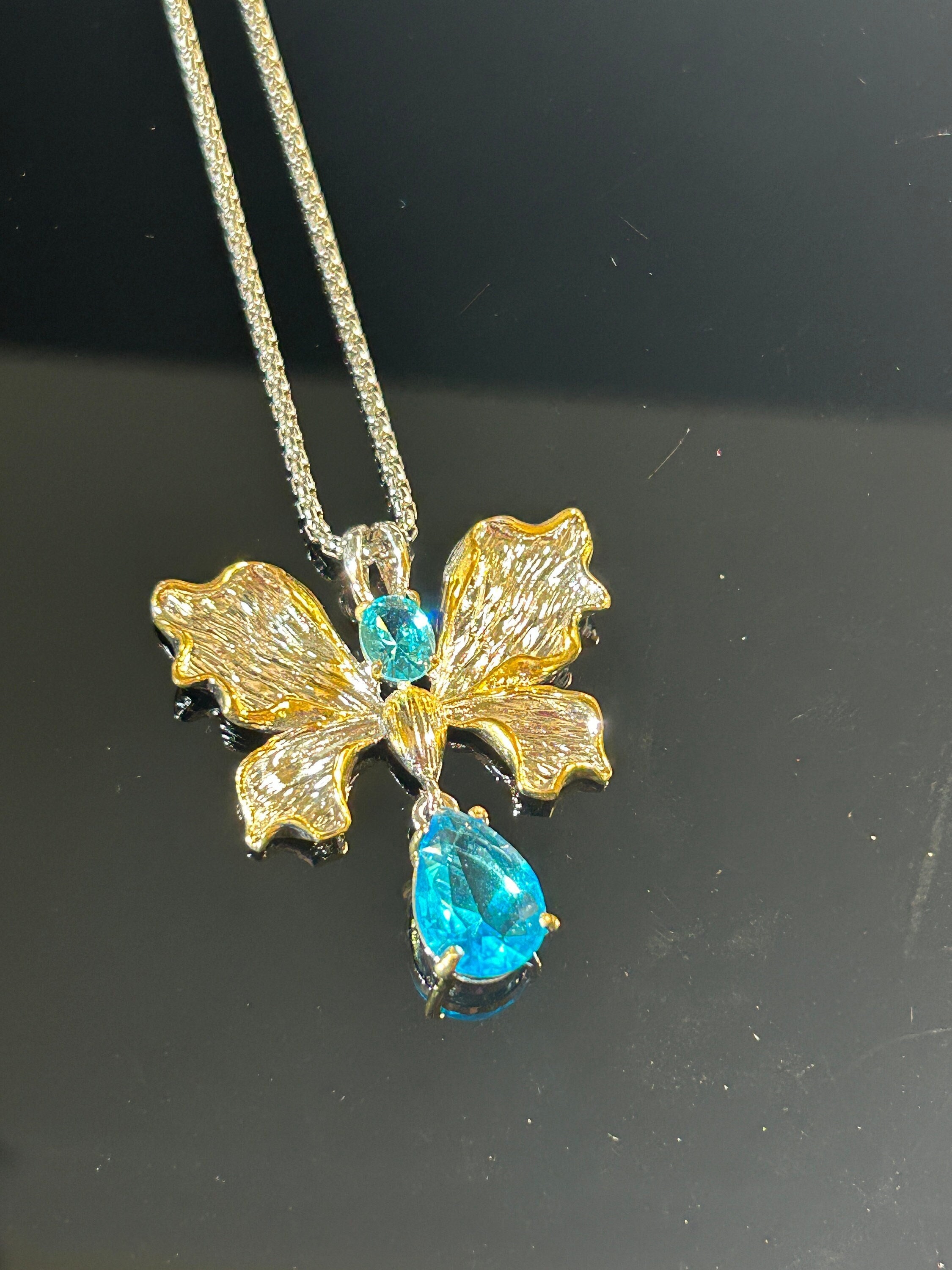 Butterfly Necklace With Aqua Blue CZ Crystal Dropper - Giftboxed - Costume Jewellery Wedding Necklace Wedding Jewellery