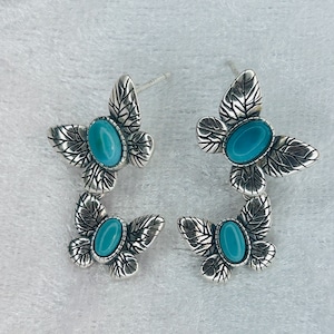 Butterfly Earrings With Turquoise Gemstones - 925 Sterling Silver Gemstone Ear Studs - With Gift Box