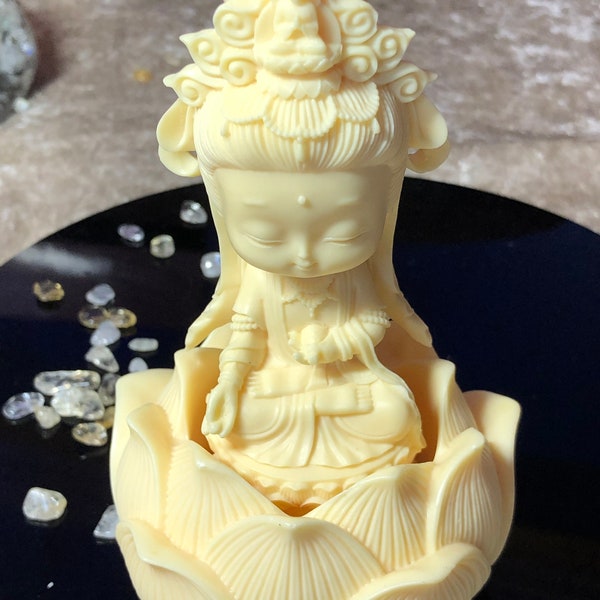 Quan Yin Kuan Yin Guan Yin Sat Inside Lotus Flower Ornament - Tagua Ivory Nut - Buddhist - Meditation - Spiritual