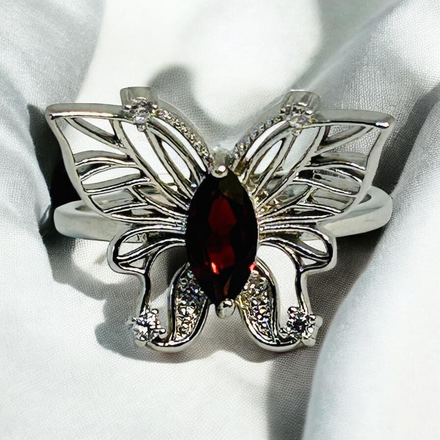 Sterling Silver Butterfly Ring With Garnet Gemstone - 925 - Adjustable - Gift Boxed