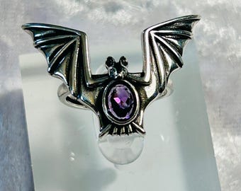 Bat Ring With Amethyst Gemstone - 925 Silver Ring - Adjustable - Supplied In Gift Box