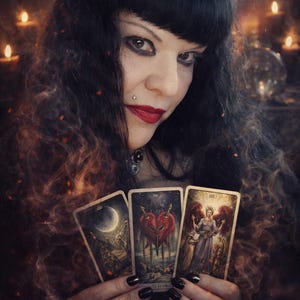 May include: A person holding three tarot cards, each with unique illustrations. The cards depict a crescent moon, a heart pierced by swords, and an angel. The person has dark hair, red lipstick, and black nail polish. The background is dimly lit with candles.