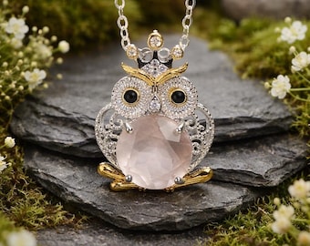 Colgante de búho de plata de ley con gema de cuarzo rosa facetada - 925 - Caja de regalo