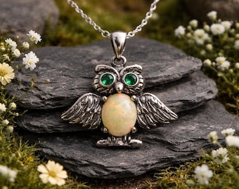 925 Silver Fire Opal Owl Necklace - Owl Talisman of Wisdom & Light