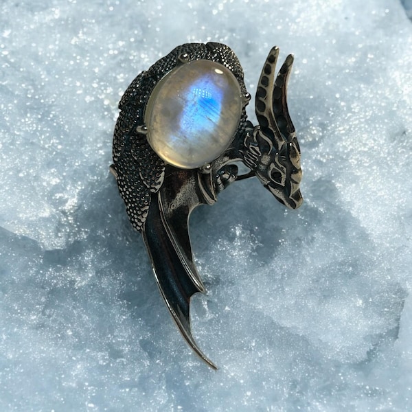 925 Silver Dragon Ring – Adjustable Size UK R – Rainbow Moonstone – Fantasy Jewellery Gift