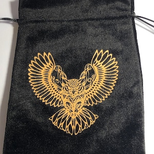 Bolsa con cordón para cartas del tarot - Terciopelo negro con motivo de búho dorado - Bolsa para cartas del oráculo - Bolsa para cartas de ángeles - Bolsa para cartas del tarot