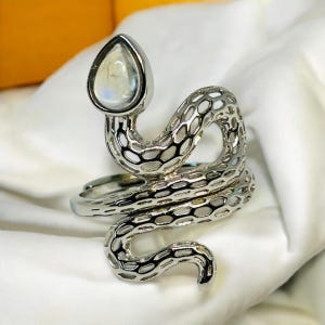Sterling Silver Snake Ring With Moonstone Gemstone - 925 - Adjustable - Gift Boxed